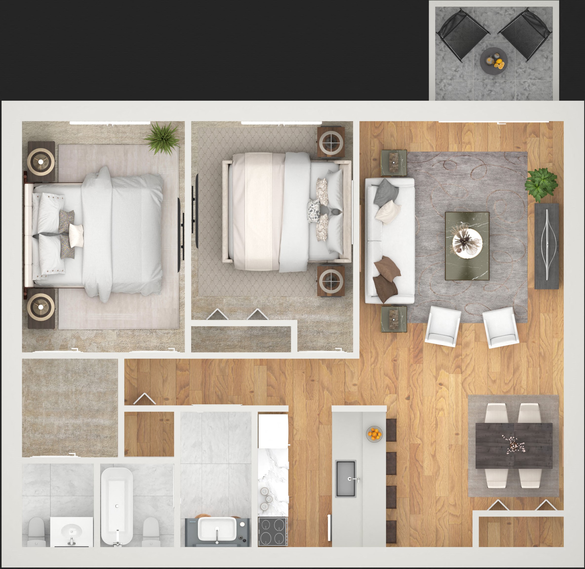 Floor plan for 2 beds, 1.5 baths, 1036 sqft